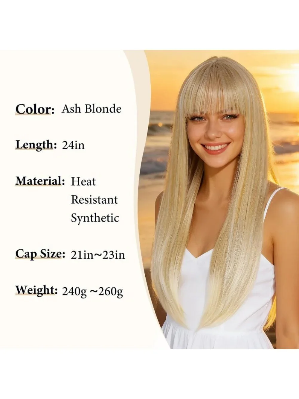 Women's Ash Blonde 24 Inch Heat Resistant Synthetic Long Straight Bangs Wig